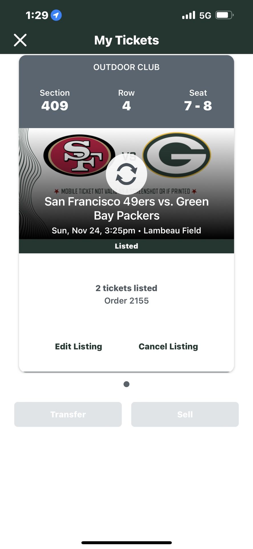 Packers Vs 49ers Club Seats $200ea