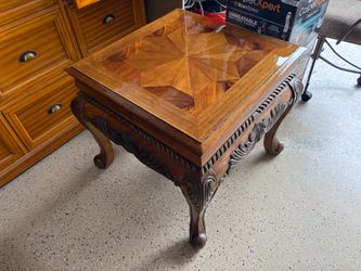 Carved Wood End Table with Parquet Top