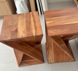 Pair of Solid Wood Z-Frame Geometric Side Tables – Modern / Brutalist Style
