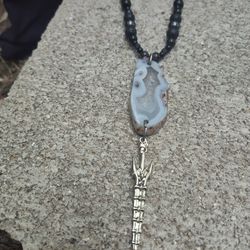 Natural Lava Stone, Onyx, Obsidian, Hematite Necklace With Sword Pendant