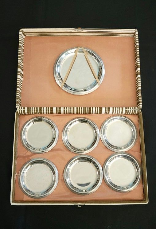 7 Vtg Brevettato GA Inox 18/10 Whiskey Coasters Set With Carrying Box