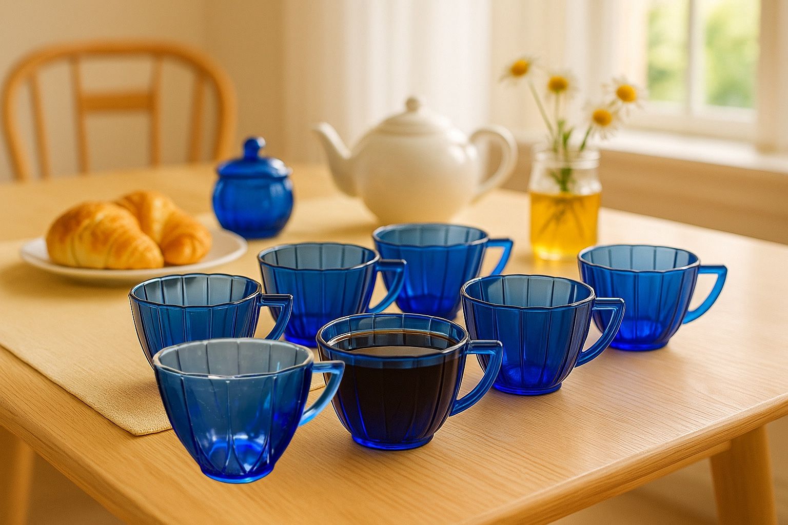 Hazel Atlas 1930s Newport Hairpin Cobalt Blue Cups Set Of 7, 3.5x3”