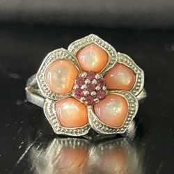 Vintage Ring Size 7.75 Silver 925 Pink Mother of Pearl CZ Cluster Designer EA Flower