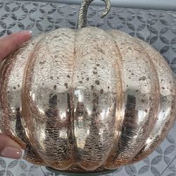 Gold Crackle Glass Pumpkin Decor – Metallic Stem – Approx. 10” Tall