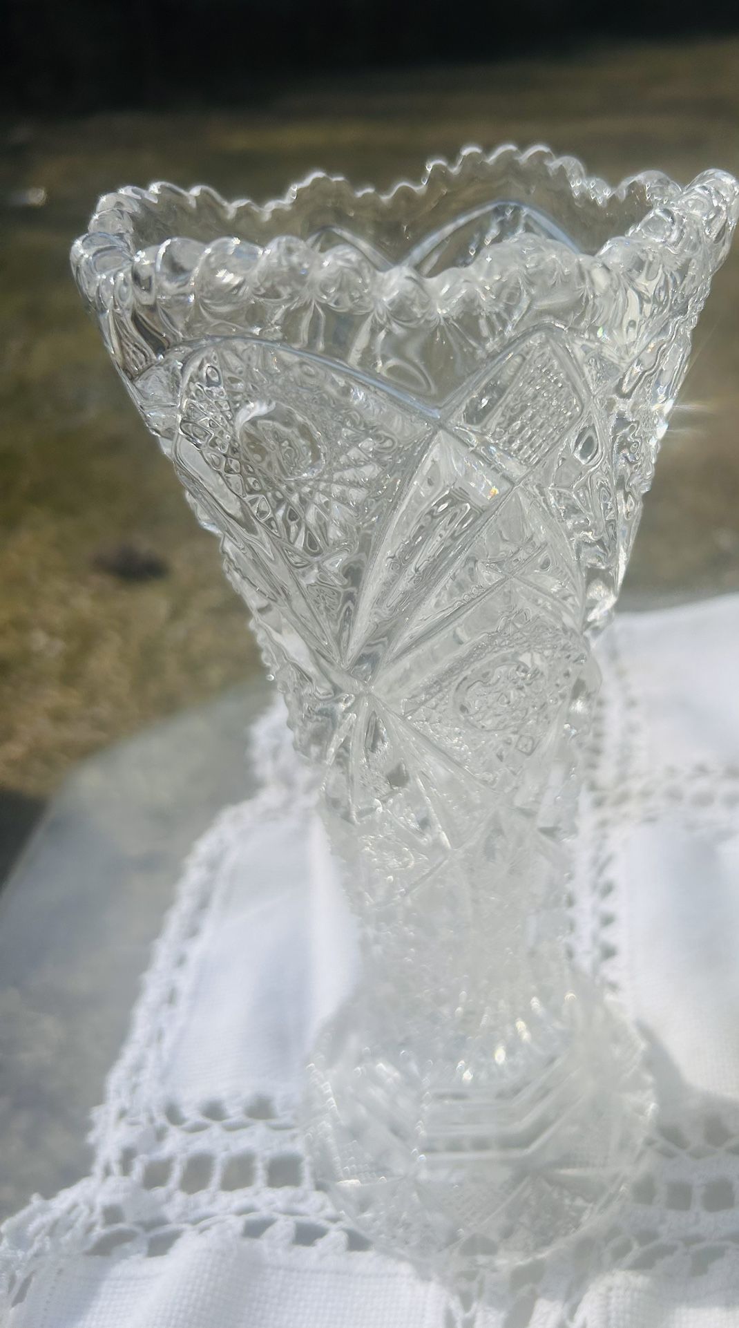 Antique  Press Glass  Tall 10 Inch Vase Very Intricate Details