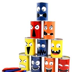 Bean Bag Toss Games for Kids, Carnival Games for Family Party, Easter Games 10 Funny Face Metal Cans with 4 Bean Bags.