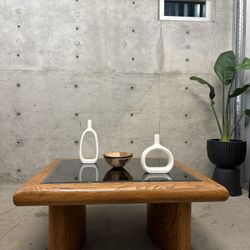 LARGE OAK POMO COFFEE TABLE WITH MIRRORED GLASS (DELIVERY AVAILABLE) 