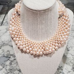 Beaded Bib Necklace With Swarovski Crystal, Moonstone, And Glass Pearls