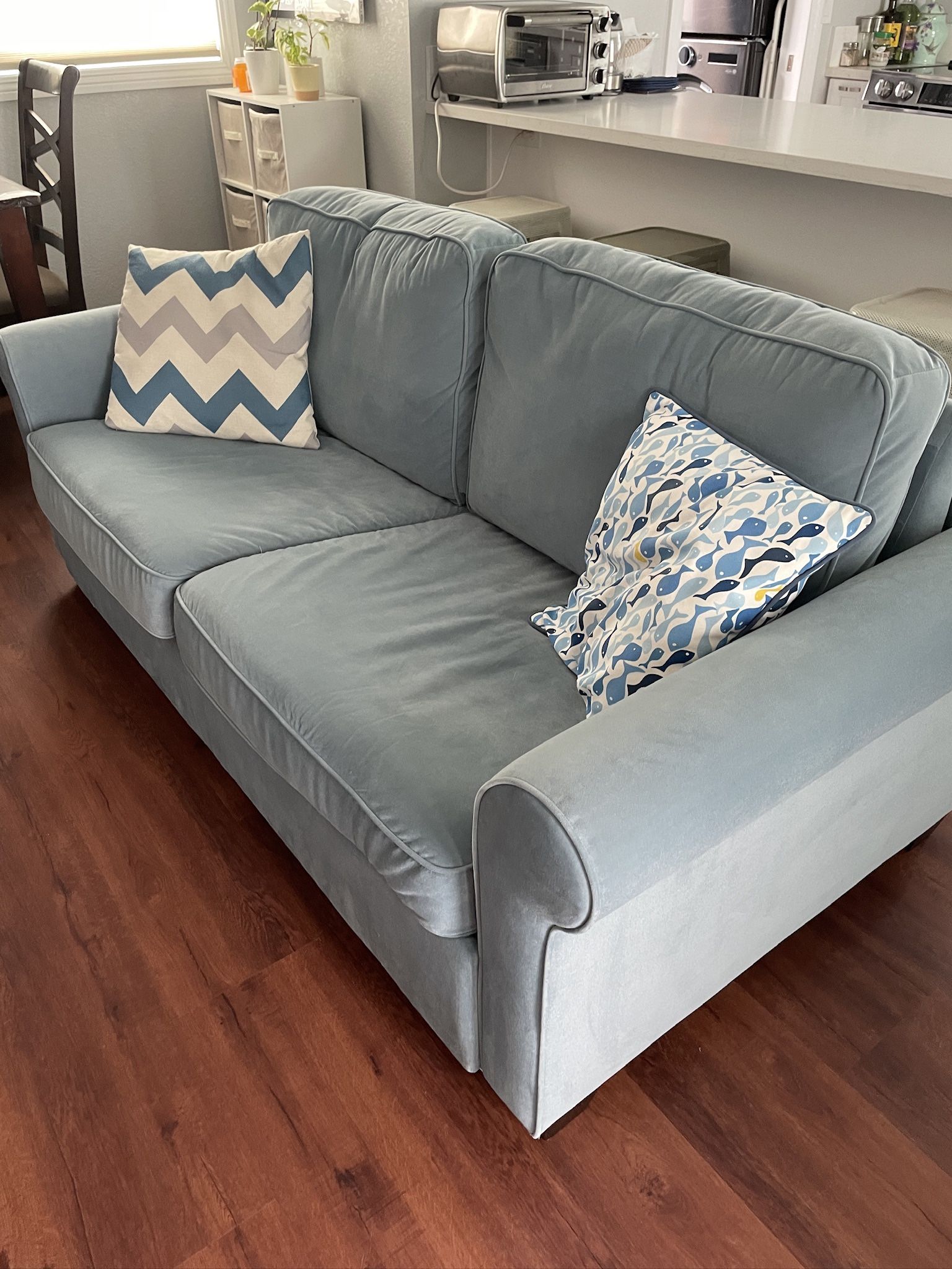 2-in-1 Pull out Sofa Bed couch, baby blue, full-size convertible couch bed with foam mattress, 2-seat loveseat sofa