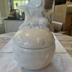 Winter White Cookie Jar by Woolrich, Embossed Pine, Hand-Painted, Retired, Deer on Top