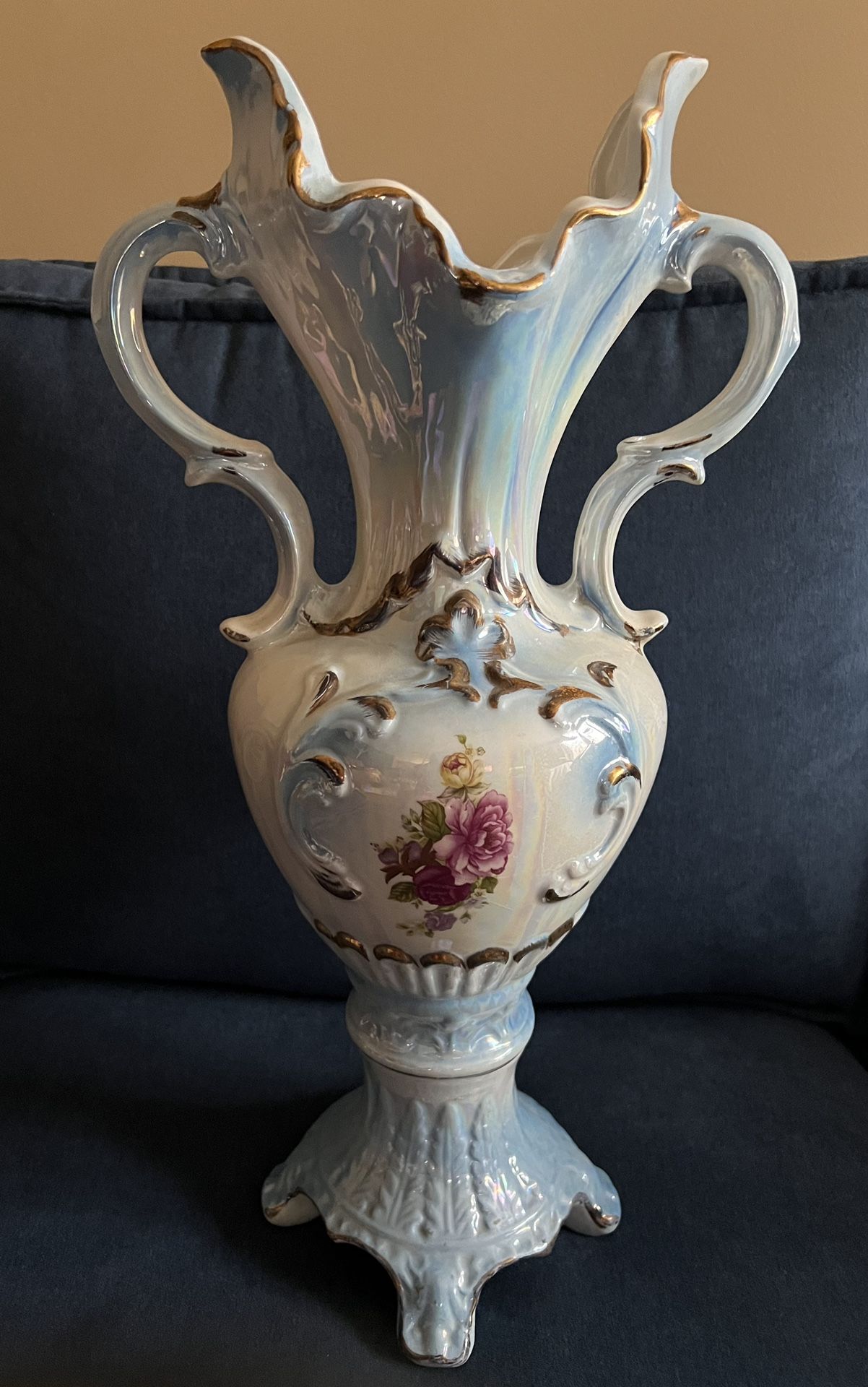 Vintage Light Blue Iridescent 20" Ceramic Vase with Floral Art Detail and Gold Trim