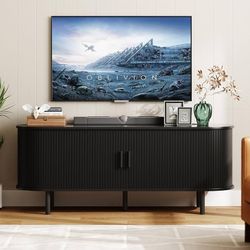 55" TV Stand with Power Outlet for TVs up to 60 Inch, Entertainment Center with Storage and Adjustable Shelves, Modern Media Console with Sliding Door