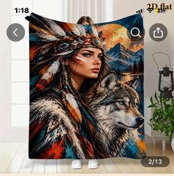 Native Woman and Wolf Graphic Throw Blanket