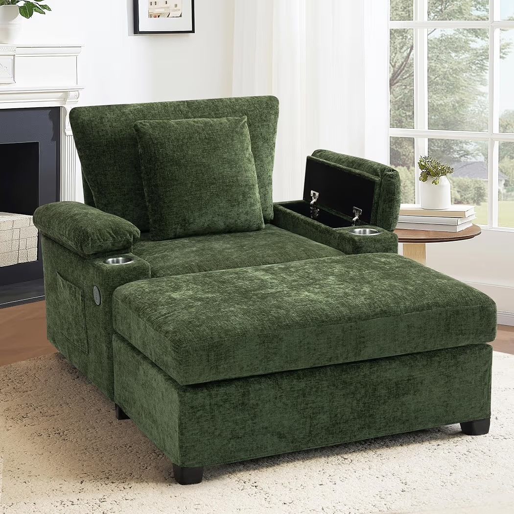 Oversized Accent Chair with Ottoman, Dual Cup Holders& USB Charging Station& Storage Armrest, Comfy Chenille Chaise Lounge Chair Indoor Deep Seat Upho