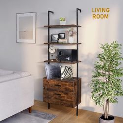 "Wall Mounted Ladder Shelf with Drawers, 4 Tier Ladder Bookshelf with Metal Frame and Wood Shelf, Vintage Learning Bookcase for Living Room, Bedroom, 