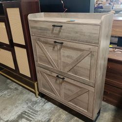 U-HOMY - Shoe Storage Cabinet with 2 Flip Drawers, Freestanding Entryway Organizer with Adjustable Shelves and Side Hooks - Oak Gray $120 Warehouse Ad