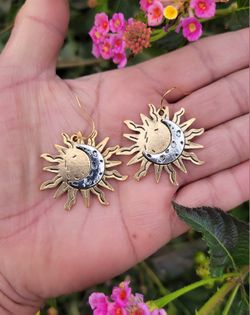 Sun Moon Sliver Gold Dangly Earrings 