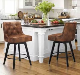 Set Of 2 Roman 26.5 in. Brown Faux Leather Solid Wood Leg Counter Height Swivel Bar Stool With Back
