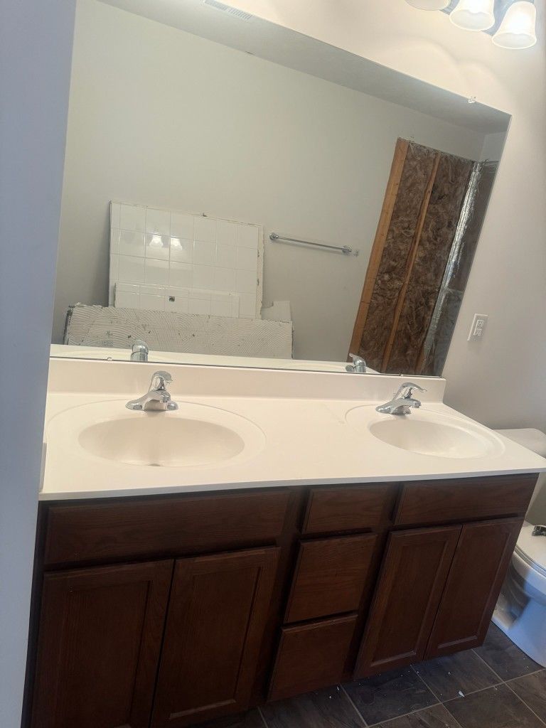 Bathroom Double Cabinet Vanity, Mirror, Lights, Toilet