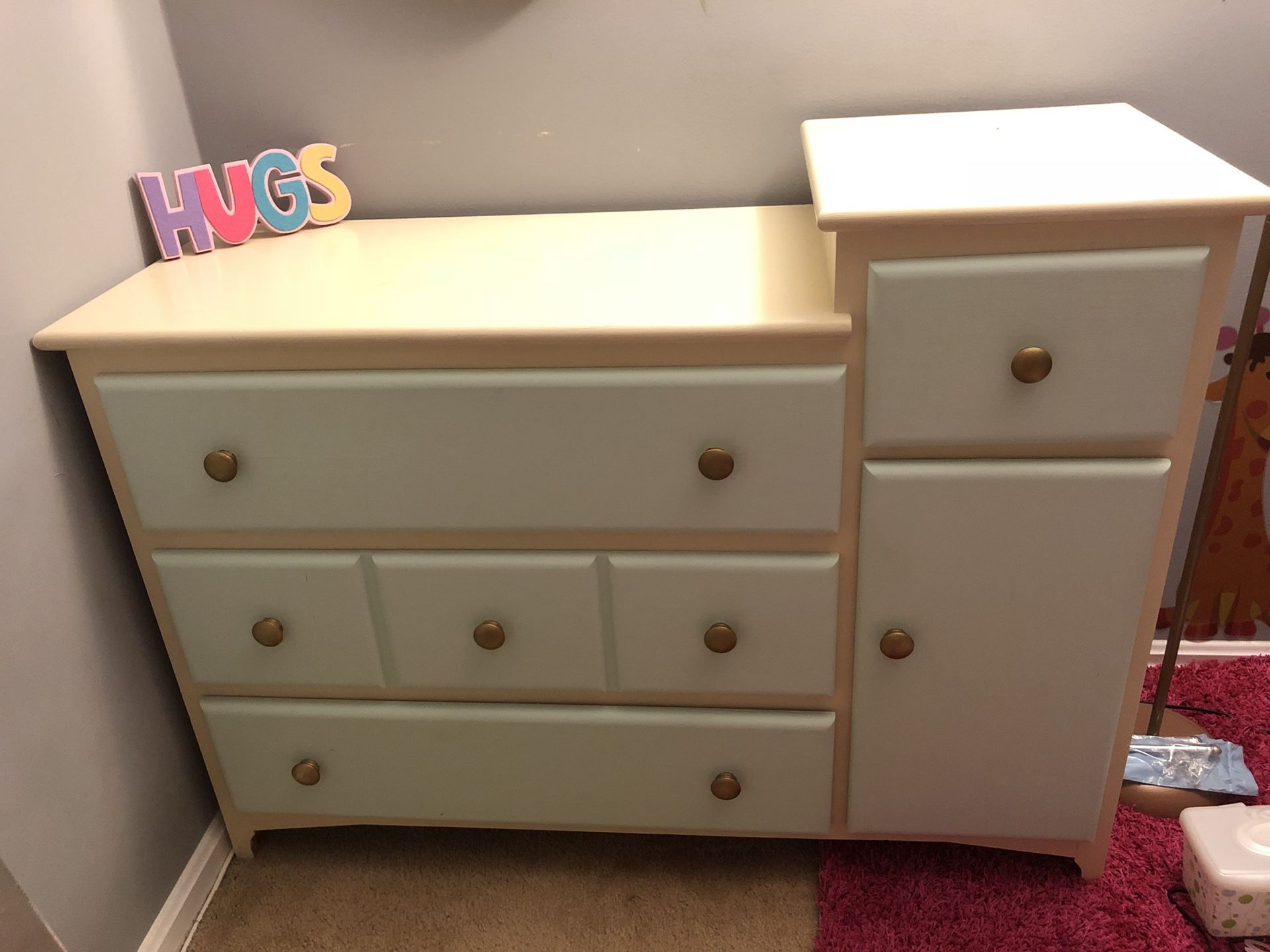 Modern White & blue Wooden Dresser/Changing table & Bookcase