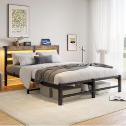 Queen Size Metal Platform Bed Frame with Wooden Headboard - New In Box