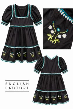 English Factory Embroidered Puff Sleeve Cotton Babydoll Dress in black - Size Small
