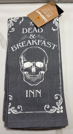 New Cuisinart Halloween grey skull dead & breakfast inn kitchen bath hand towel set