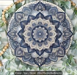 2D Flat, 1pc Vintage Blue & White Mandala Metal Wall Art - 8" Round Iron Sign with Intricate Floral Design, 20x20cm Durable Decor for Home, Office, Ca