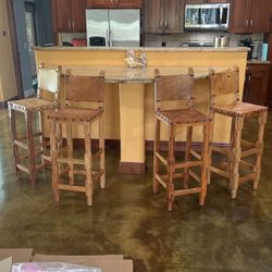 (4) Handmade Wooden Leather Bar Stools