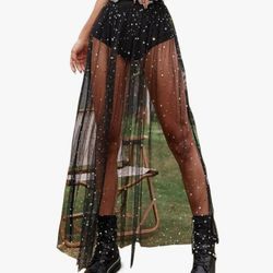 SMALL 
Rave Outfits Sheer Skirt Festival Clubwear Mesh High Waist Print A Line Maxi Skirt