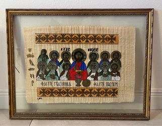 Coptic Last Supper Painting on Papyrus Framed