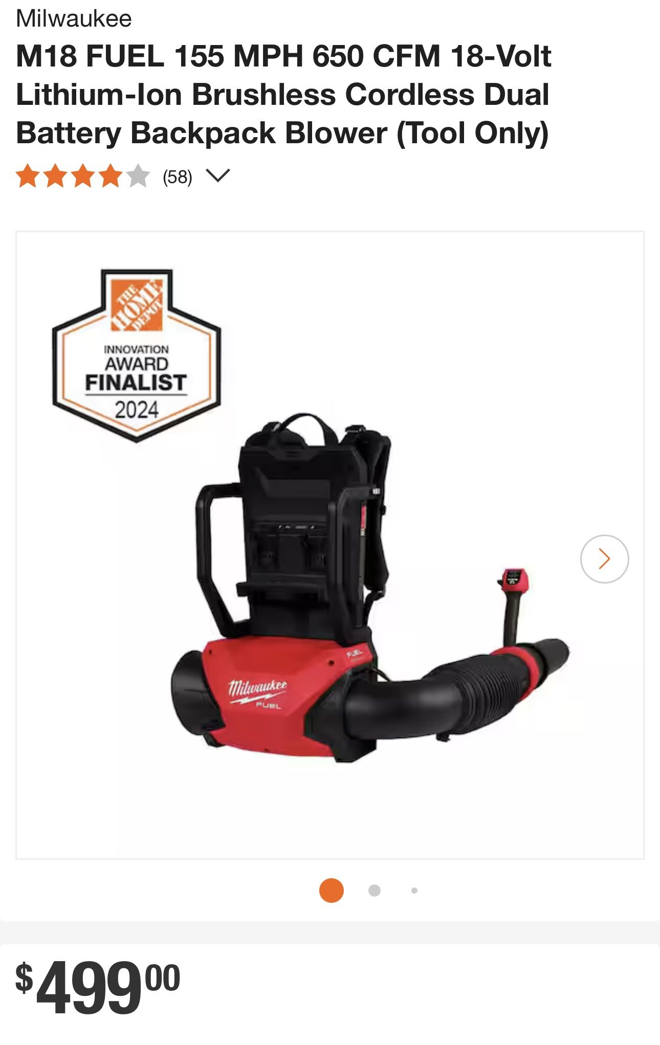 Milwaukee M18 FUEL 155 MPH 650 CFM 18 Volt Lithium lon Brushless Cordless Dual Battery Backpack Blower (Tool Only) Brand New $350