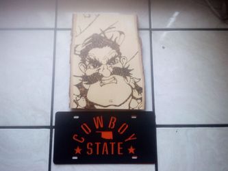 Oklahoma State pistol Pete pyrography wood panel and license plate