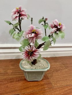 Vintage Pink & Green Glass Bonsai Tree Decorative Piece