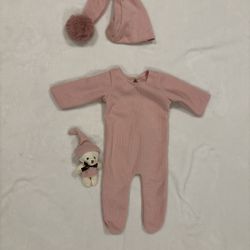 Rib Knit Footed Jumpsuit With Hat & Teddy Brad 