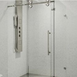 Vigo Winslow 34 in. L x 46 in. W x 74 in. H Frameless Sliding Rectangle Shower Enclosure in Stainless Steel with Clear Glass