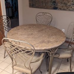Granite Top Heavy Iron Base Round Gueridon Cafe Center Table With  4 Hooker Wrought Iron 4 Dining Armchairs. Dining Set