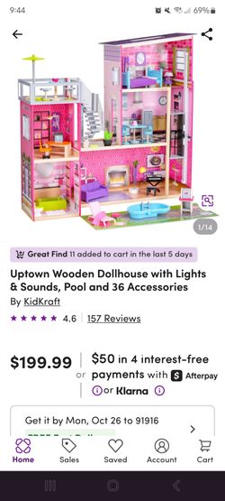 Barbie house, Jeep, car, wardrobe closet, and box of accessories