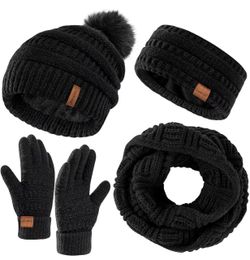 Womens Winter Hat Gloves Scarf Headband Set, Fleece Beanie with Pom Neck Scarf Knit Gloves Ear Warmers, 4-Piece Warm Gift Set
