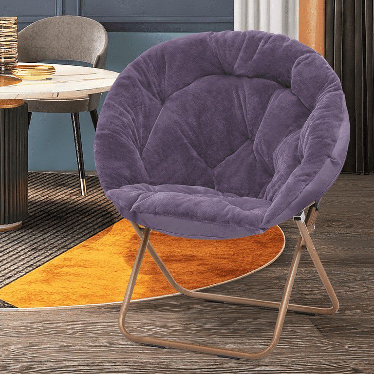 MoNiBloom X-Large Faux Fur Saucer Chair, Folding Accent Chair, Moon Chair with Padded Seat and Metal Frame for Bedroom Dorm Living Room, Purple