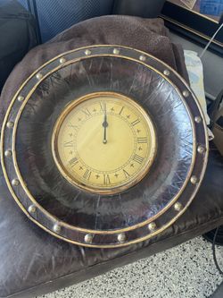 Large Industrial Wall Clock - Riveted Faux Leather, Roman Numerals