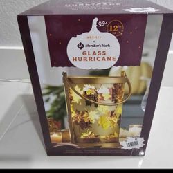Pre-Lit Glass Hurricane Lamp Autumn Leaves 12 in high NEW