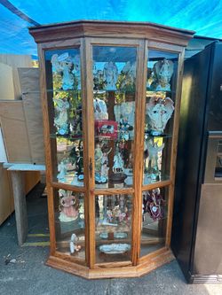 Oak Wood Curio Display Cabinet with Glass Shelves
