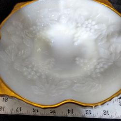 Antique Opalescent Milk Glass Pedistaled Platter With Heavy Guilding And Harvest Grape Embossing