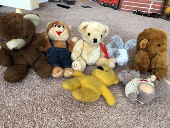 Beautiful fluffy Stuffed animals: bears, monkey and Bonnie Price ranges from $.50 to two dollars. You could have all seven of them for only $5
