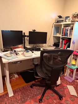 Complete Home Office Bundle – FlexiSpot Standing Desk + 2 LG Monitors + Chair