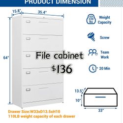 😀 Lateral File Cabinet with 5 Drawers - White Metal Steel Filling Cabinets for Home Office - Lockable Storage Cabinet