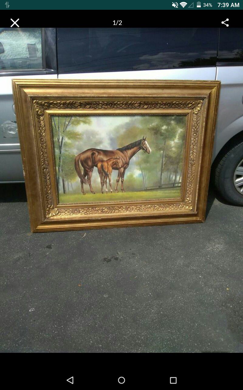 Oil painting of mother horse and calf