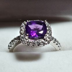 Simulated Amethyst & Diamond 925 Sterling Silver Ring 