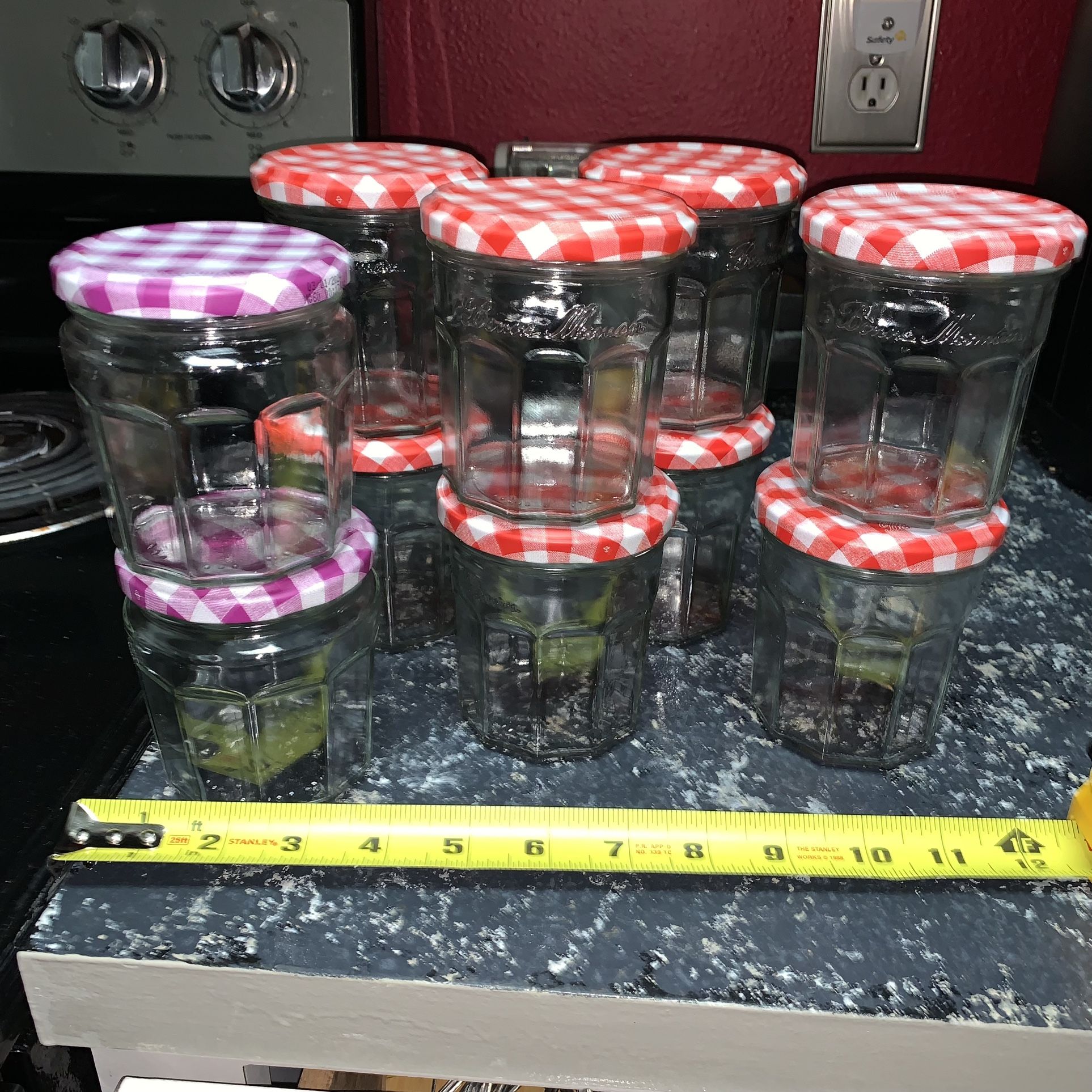 (10) jam jars plaid lid Bonne Maman Glass Jars Metal Lids